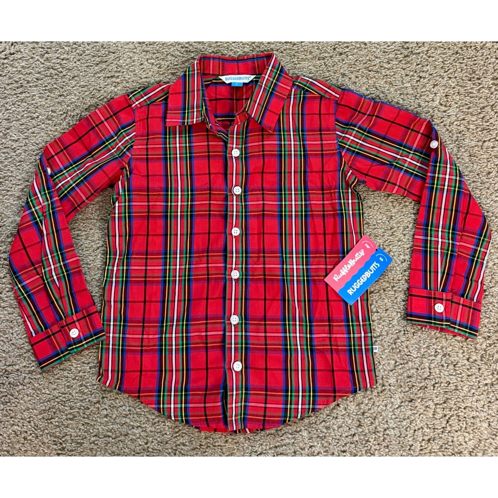 RuggedButts Boys Red Nicholas Plaid Button Down Shirt Long Sleeve Cotton Size 7